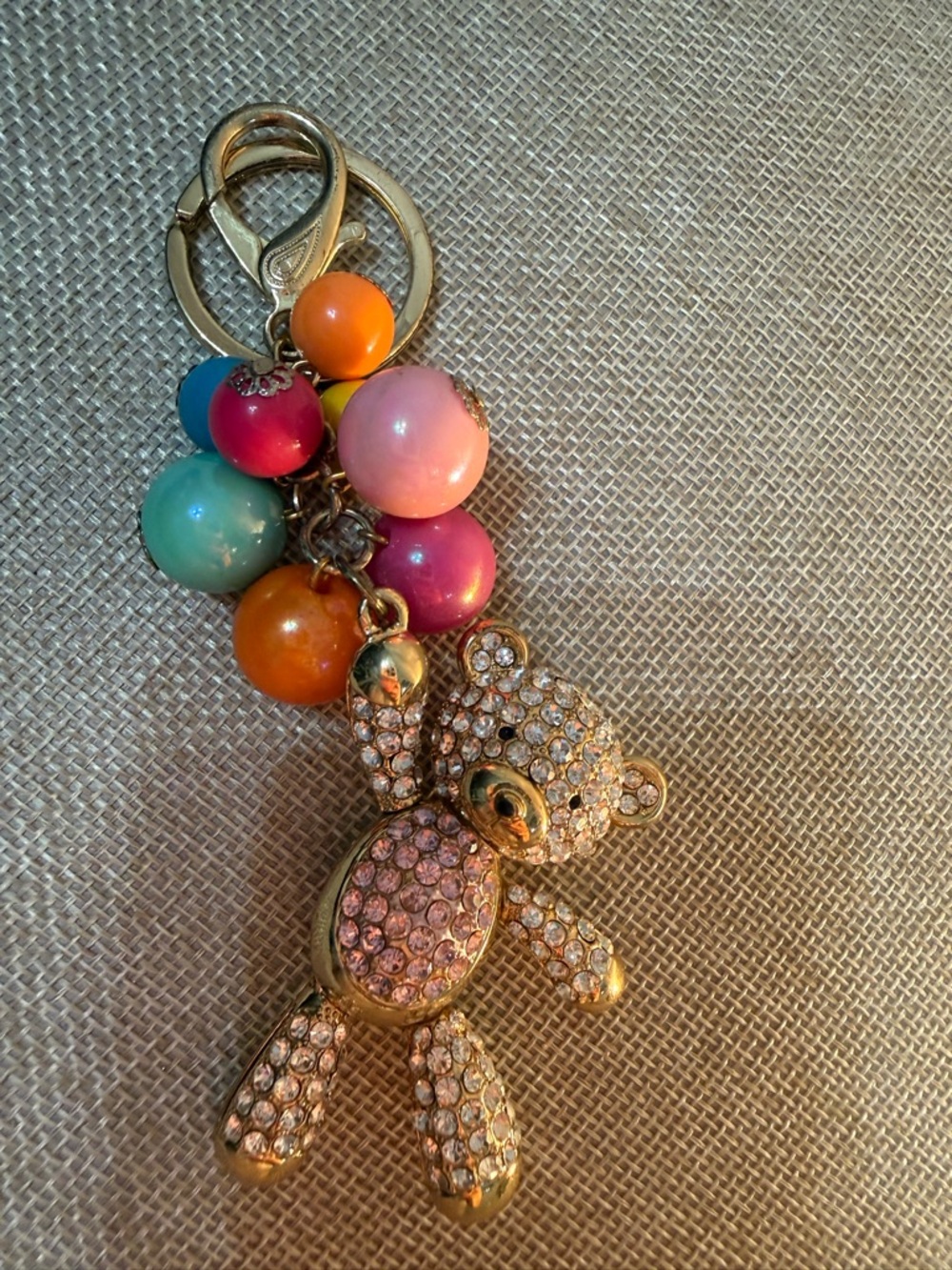 Gold-Tone Crystal Teddy Bear Keychain with Multicolor Bead Cluster